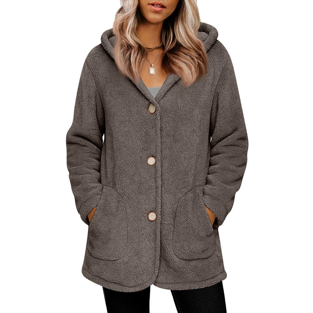 Women's Fashionable Solid Color Long Sleeved Pocket Loose Hooded Button Plush Jacket