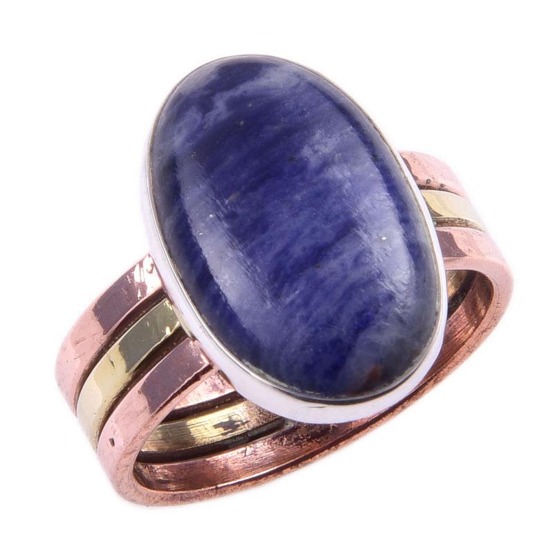 Двухцветное кольцо ручной работы из стерлингового серебра 925 пробы с натуральным драгоценным камнем содалитом S.8.5 N9k03