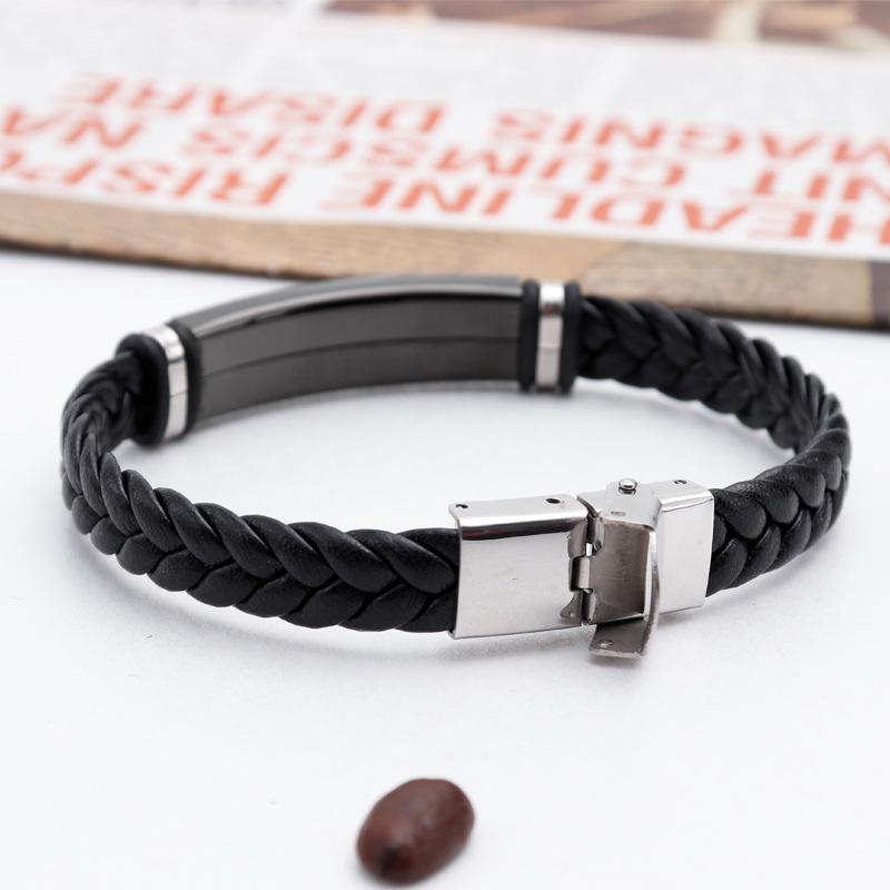 2022 Trendy Men Leatherwear Weave Bracelet Leisure Color Contrast Stainless Steel ID Bar Customize Engraving