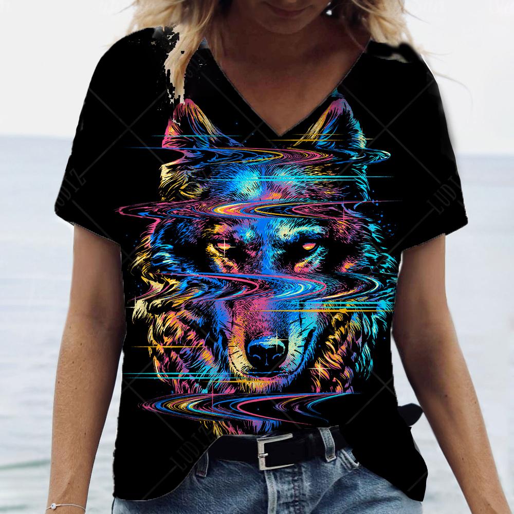 Модная женская футболка с забавным волком и 3D принтом, летняя футболка с короткими рукавами, одежда большого размера из полиэфирного волокна