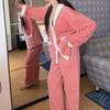 2 шт./комплект, женский теплый комплект домашней одежды, осенне-зимний утепленный плюшевый термопижамный комплект, топы с V-образным вырезом и длинными рукавами, широкие длинные брюки, домашняя одежда из кораллового флиса