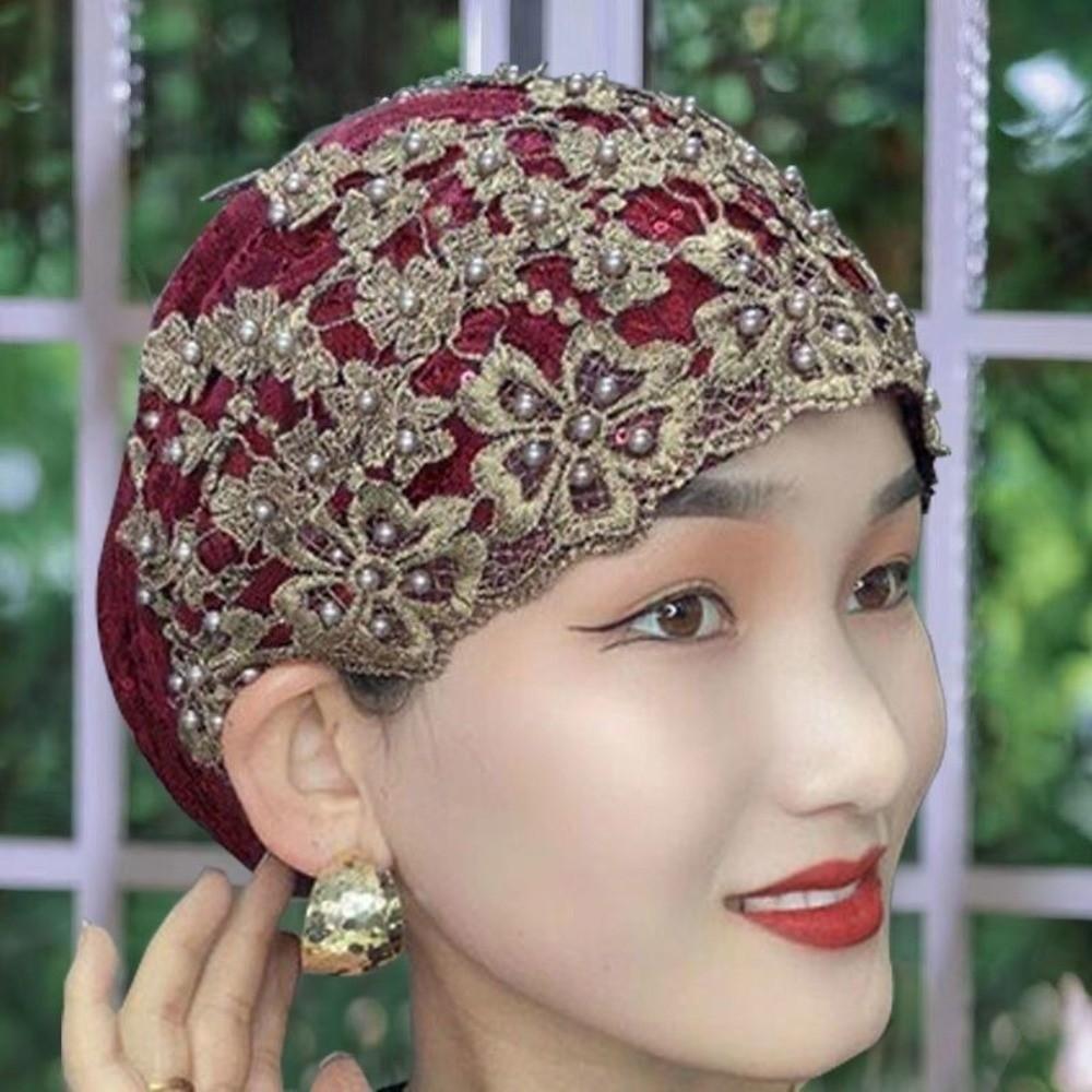 Comfortable Ethnic Headscarf Hat Soft Head Wrap Cap Portable Ethnic Beaded Hat Cultural Wear