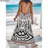MODIQUE 2025 Summer New Women's Retro Sexy Zebra Stripe Print Backless Halter Neck Long Dress Ladies Casual A-Line Sleeveless Dress