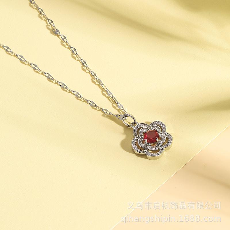 Ruby Necklace Women'S Simple And Versatile Trend Temperament Zircon Flower Pendant Collarbone Chain