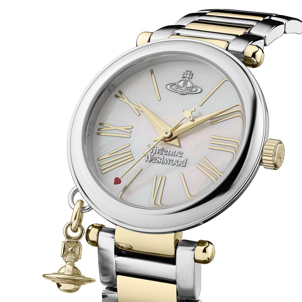VIVIENNE WESTWOOD Mother Orb 32mm Quartz Analog Display Watch with MOP Dial Stainless Steel Women's & Two-Tone Bracelet, White, Traditional.