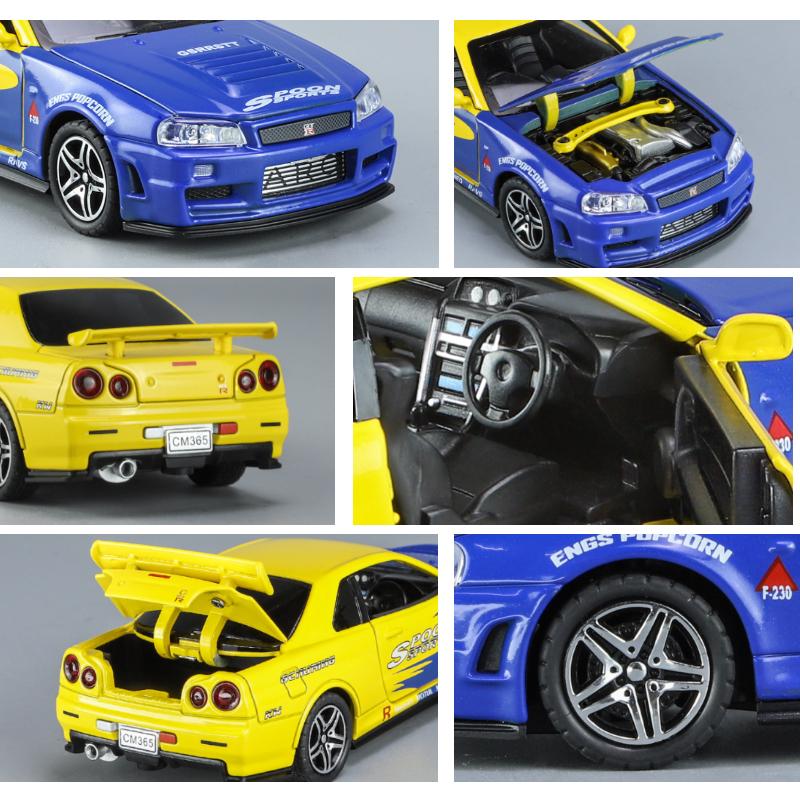 1:32 Nissan Skyline GTR R34 JDM Racing Car Toy Model Diecast Metal GT-R Spoon Sport Miniature Collection Sound Light Pull Back