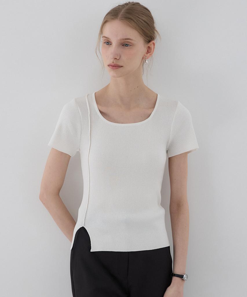 OURHOPE Ribbed Square Neck Slit Knit - White