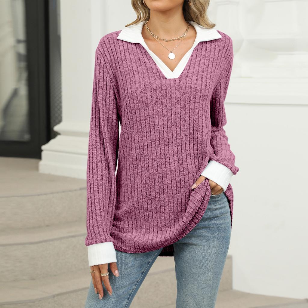 Женский модный пуловер с лацканами, длинными рукавами, цветными блоками, свободного кроя, в стиле кэжуал