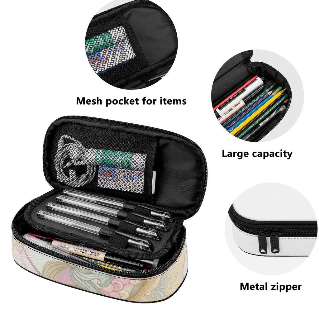 Pencil Bag Printed Durable 300D Polyester Easy Open Zipper with Main Compartment Mesh Pocket and Pen Slots for Daily School Use