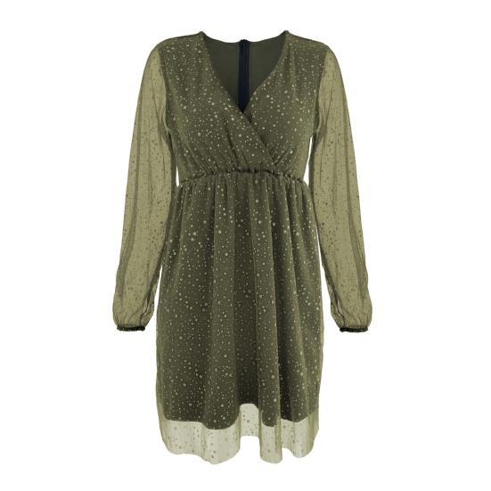 Women Spring Fall Dress Deep V Neck Long Mesh Sleeve Shiny Sequin Lantern Sleeve Double-layered Tight Waist Prom Cocktail Party Mini Dress