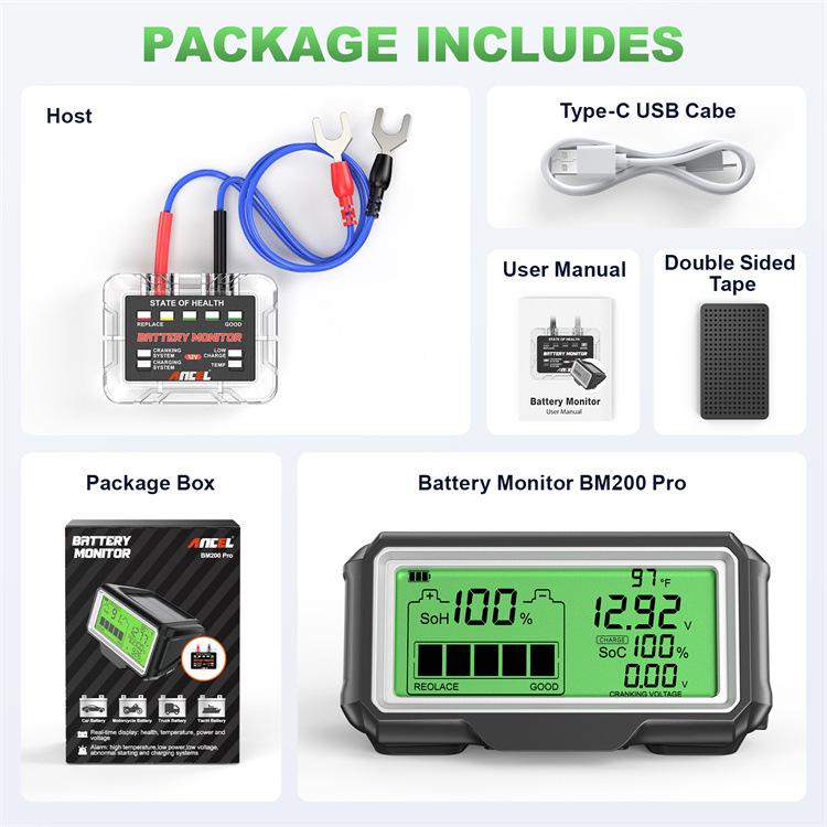 ANCEL BM200 PRO LED 12V Car Battery Tester - SOH/SOC Analysis Tool