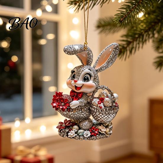 Lightweight Acrylic Rabbit Figurine Easter Bunny Pendant, Cute with Basket, 2D Car Party Favors Rearview Mirror Hanging Ornament, Bag Keychain