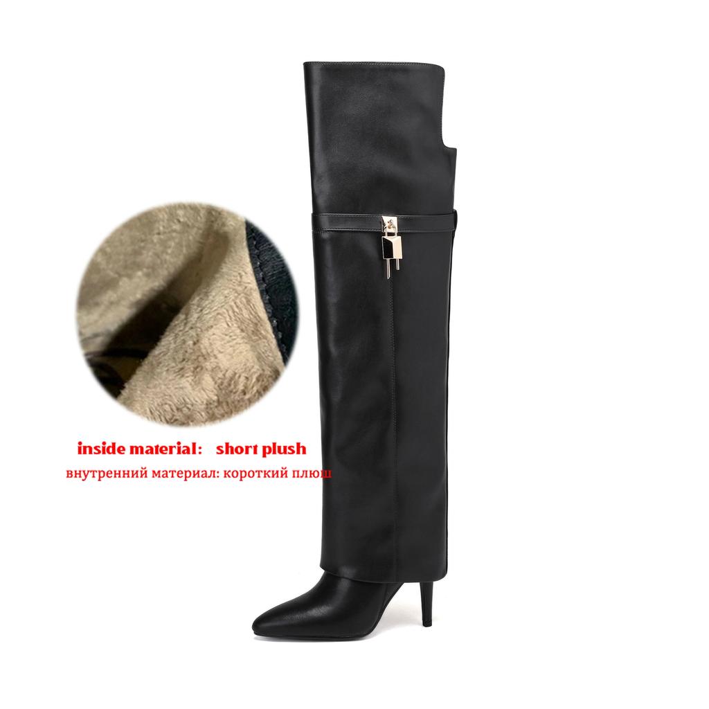 Krazing Pot Cow Split Skin Microfiber Pointed Toe Thin High Heels Size 46 Size 45 Slip On Plus Size Women Keep Warm Over-the-knee Boots