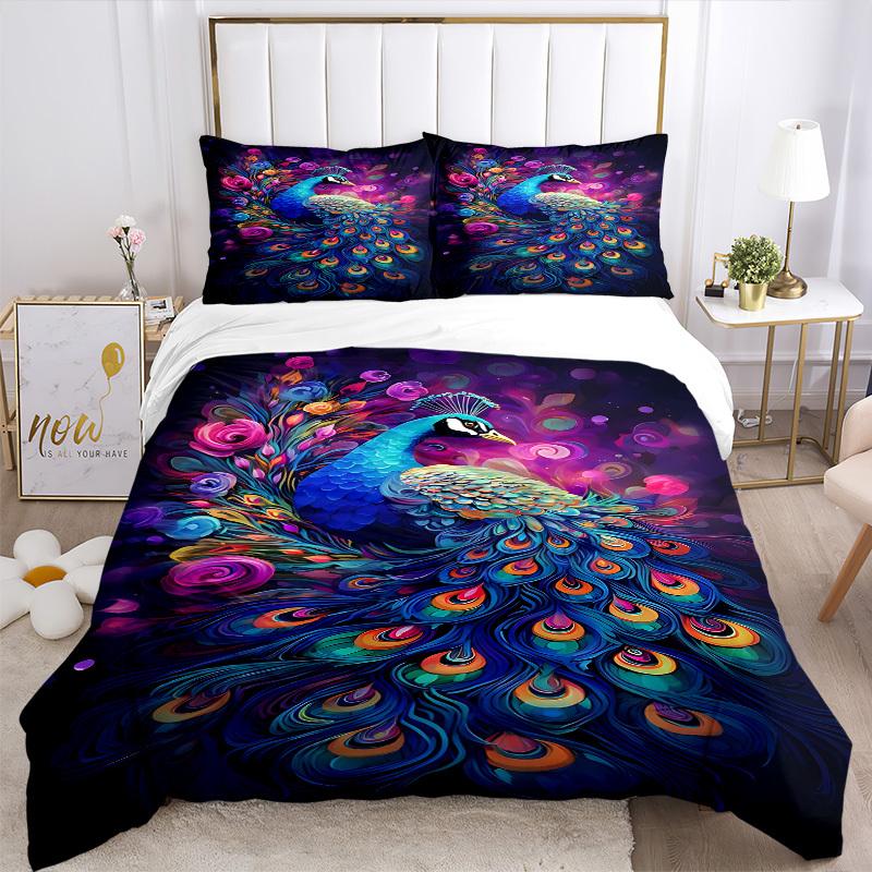 3pcs Peacock Feather Duvet Cover Set -Includes 1 Duvet Cover and 2 Pillowcases, No Quilt Core, All-Season Home Decor yy251111192