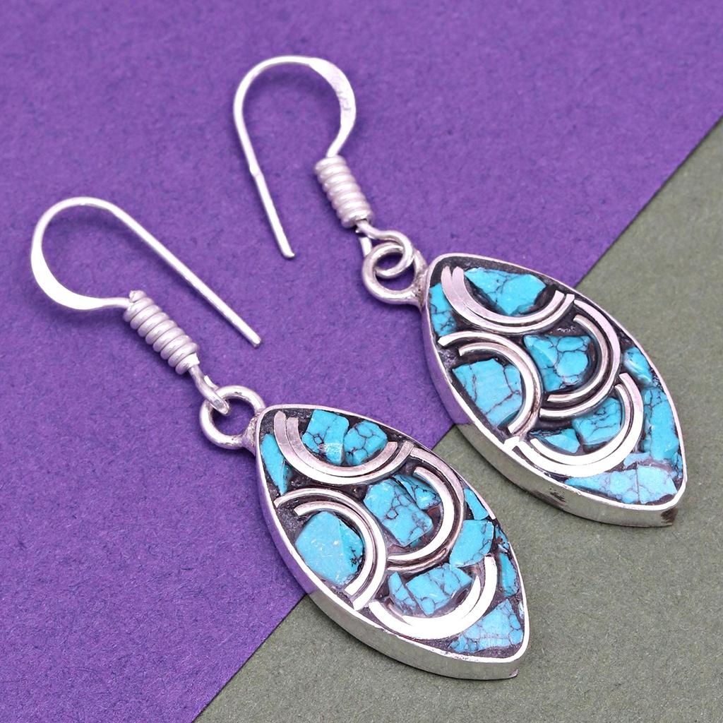 Nepali Tibetan Turquise Lapis Lazuli Gemstone Silver Jewelry Earring 1.5''
