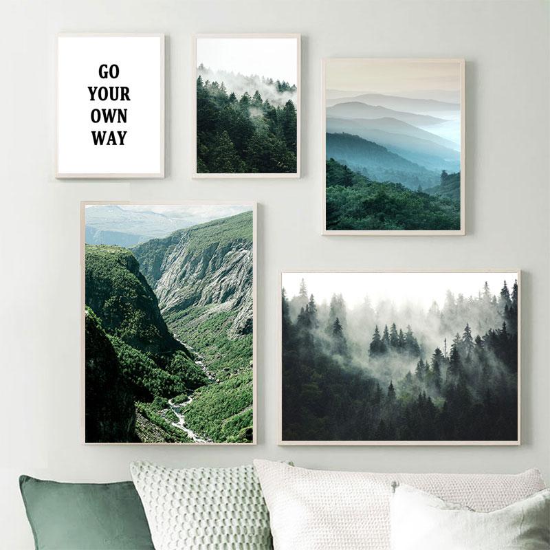 Скандинавское украшение для дома, горный туманный лес, картина, природный пейзаж, скандинавский постер, пейзажный принт, настенная живопись на холсте