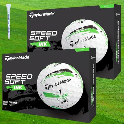 Мяч для гольфа TaylorMade SpeedSoft INK Green TMJ24 SpeedSoft INK Green 2024 года выпуска Наша оригинальная деревянная футболка (2 дюжины, зеленые)