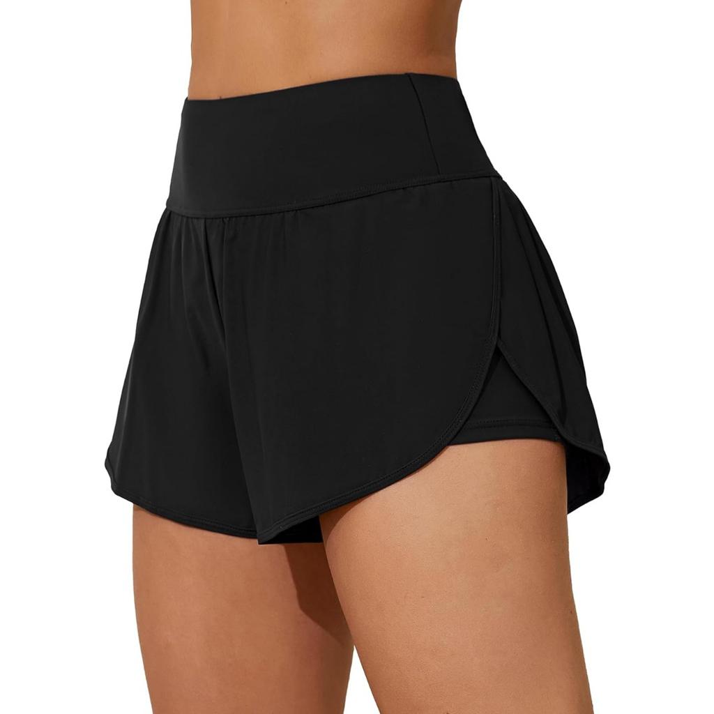 CHARMLEAKS Women Swim Shorts Side Split Swim Trunk 2 In 1 Board Shorts with Pockets Swim Bottom