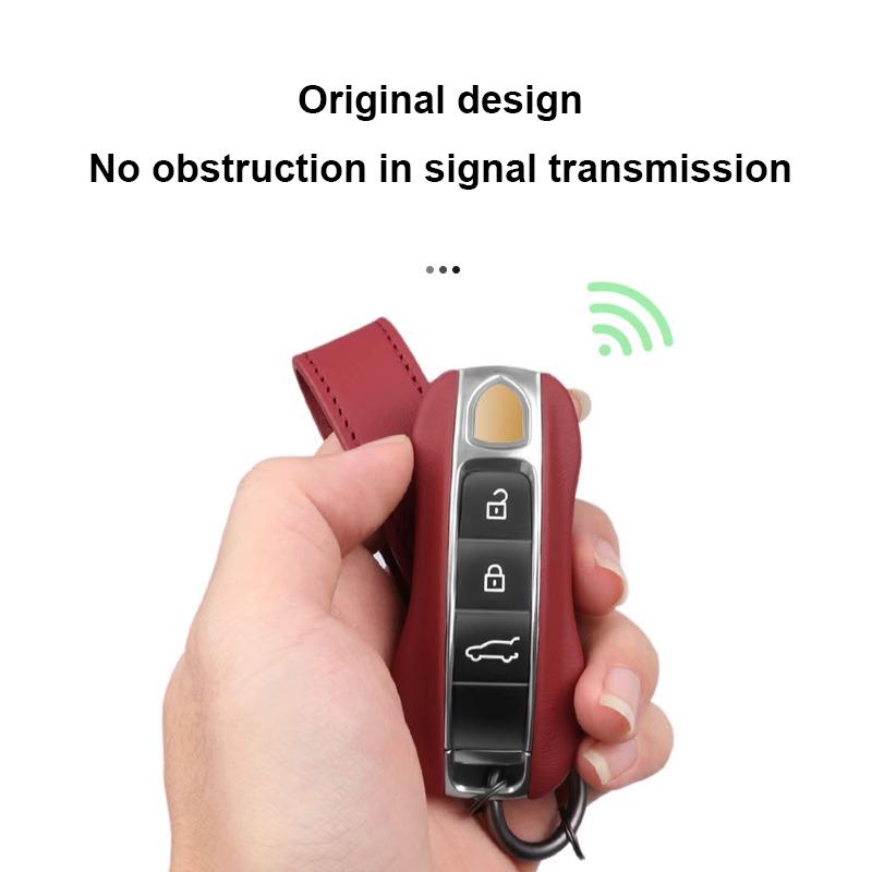 Luxury Genuine Leather For Porsche Boxster Cayman Panamera Cayenne Macan 718/911 Taycan Car Key Case Cover Protective Keychain
