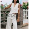 Spring New Fashion Commuter Sleeveless V Neck Short Vest 2966888 High Waist Loose Pants 2955888