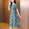 2023 летнее новое стильное женское тонкое платье трапециевидной формы с принтом, шелковое атласное платье средней длины с короткими рукавами