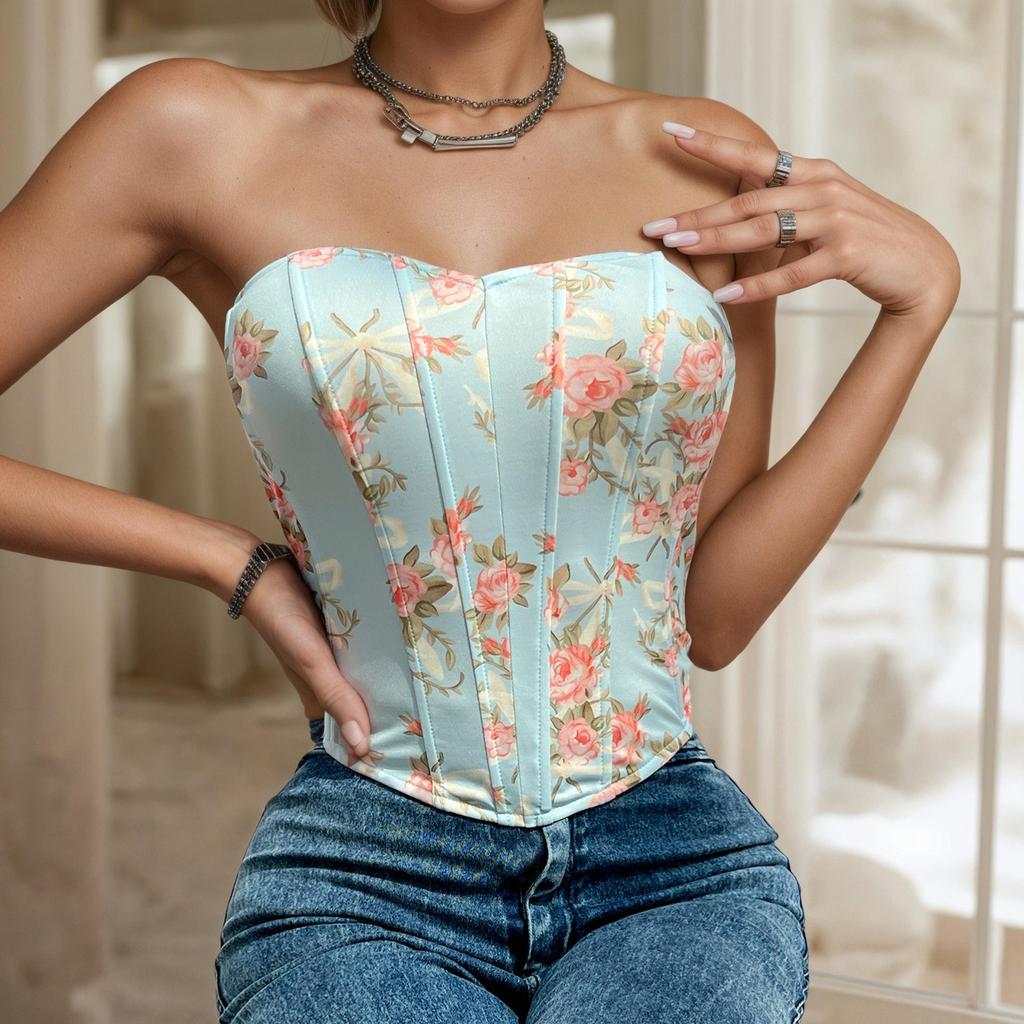 Cross-Border Sexy Floral Backless Low-Cut Bandeau with Diamond Fishbone Waist Cincher
