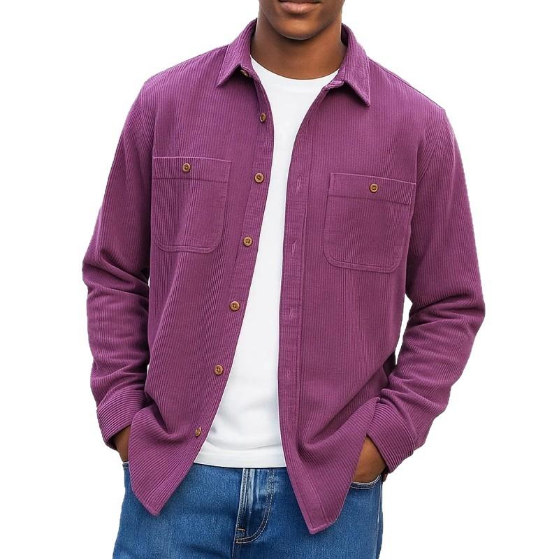 Осень Зима Мужская Однотонная Вельветовая Рубашка с Двойным Карманом на Пуговицах с Длинным Рукавом Повседневная