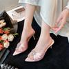 Summer Thin Heel Bag Head Half Drag Outside Wearing Rhinestone Pointed Temperament Women's High Heel Cool Lazy Slippers