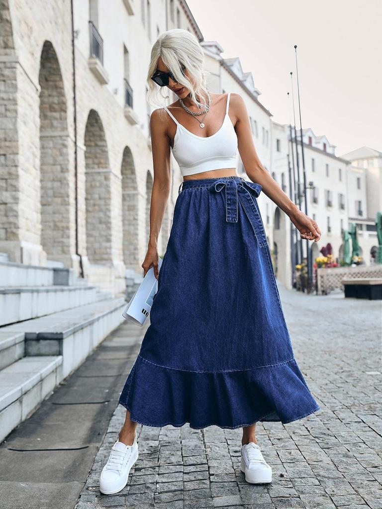 Джинсовая миди-юбка с высокой талией и оборками для женщин