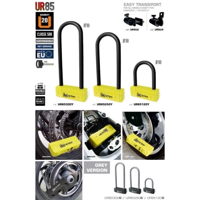 Liquidation - urban - antivol u 85x300mm ø18mm jaune - homologué sra