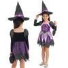 Kids Girls Halloween Shiny Star Print Witch Dress Up Outfits Puff Long Sleeve Dress Handheld Candy Bag and Witch Hat Suit
