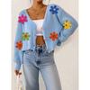 Women's Autumn Winter New Three-dimensional Embroidery Colorful Flower Splicing Button Cardigan Sweater Short Jacket