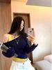Женский двухсекционный топ с открытыми плечами, иллюзия контраста, длинный рукав - Уникальный летний стиль