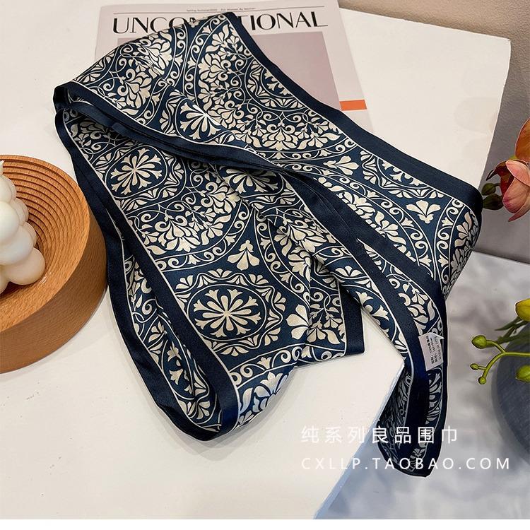 Blue Print In Memory! Intellectual Retro Mulberry Silk Silk Scarf Women'S Long Double-Layer Double-Sided Silk Scarf Streamer