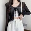 Summer Lace Cropped Sunscreen Cardigans Women New Basics Slim Lace-up Long Sleeve Thin See Through Knitted Tops 4 Colors