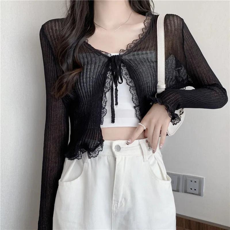 Summer Lace Cropped Sunscreen Cardigans Women New Basics Slim Lace-up Long Sleeve Thin See Through Knitted Tops 4 Colors
