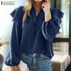 ZANZEA Women Vintage Stand Collar Lantern Long Sleeve Ruffle Blouses