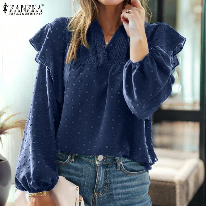 ZANZEA Women Vintage Stand Collar Lantern Long Sleeve Ruffle Blouses