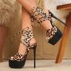 Eilyken Летний дизайн Леопардовый принт Пикантный носок Узкий ремешок На шнуровке на щиколотке Женские туфли на платформе и шпильке