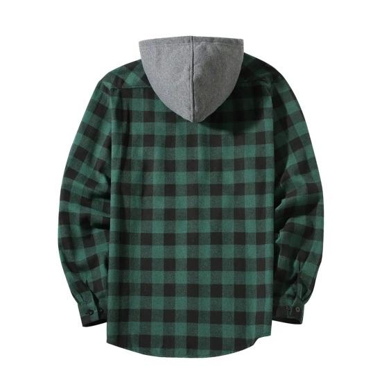 Fall Spring Men Shirt Hooded Drawstring Long Sleeves Color Matching Plaid Print Single-breasted Daily Wear School