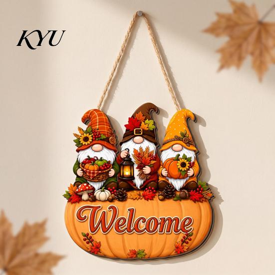 Thanksgiving Holiday Decoration Autumn Pumpkin Gnome Welcome Sign for Front Door, Rustic Wood Hanging Festive Harvest Festival Decor Ornament