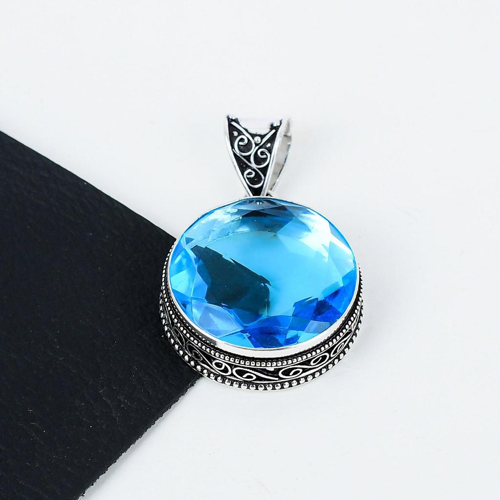 Swiss Blue Topaz Gemstone Silver Pendant In 925 Sterling Silver- Handmade Design, Everyday Wear Jewelry, Unique Swiss Blue Topaz Pendant Gifts