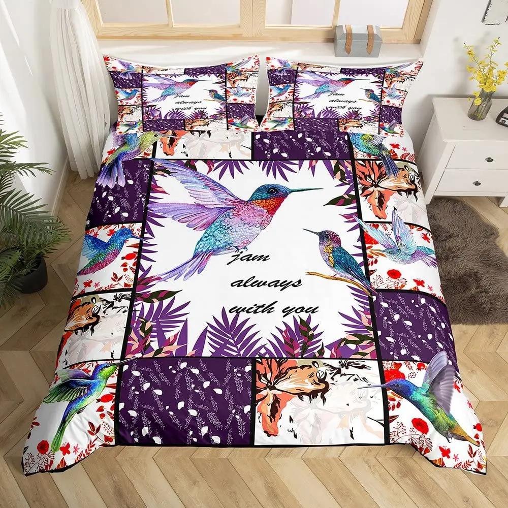 Комплект пододеяльника с принтом колибри, трехпредметный комплект постельного белья с птицами и цветами, пододеяльник размера фулл