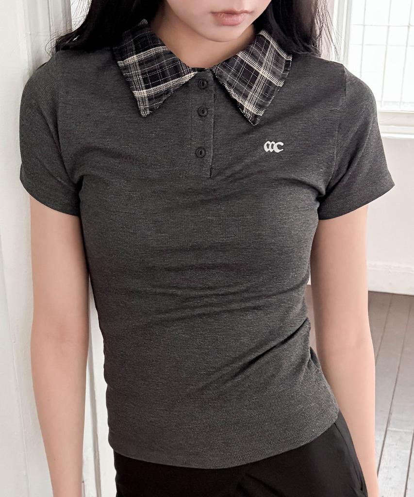 CHICKS Check Point Collared Short Sleeve T-Shirt Charcoal