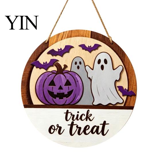 Halloween Door Sign Layered Round Hanger, 3D Pumpkin Ghost Owl Wood Welcome Sign, Handmade Farmhouse Front Wall Hanging Decor for Home Store