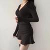 High Waist Women's Hip Hugging Skirt Pleated Y2k Slim Fit Dress Sweet Long Sleeve Dress  Club