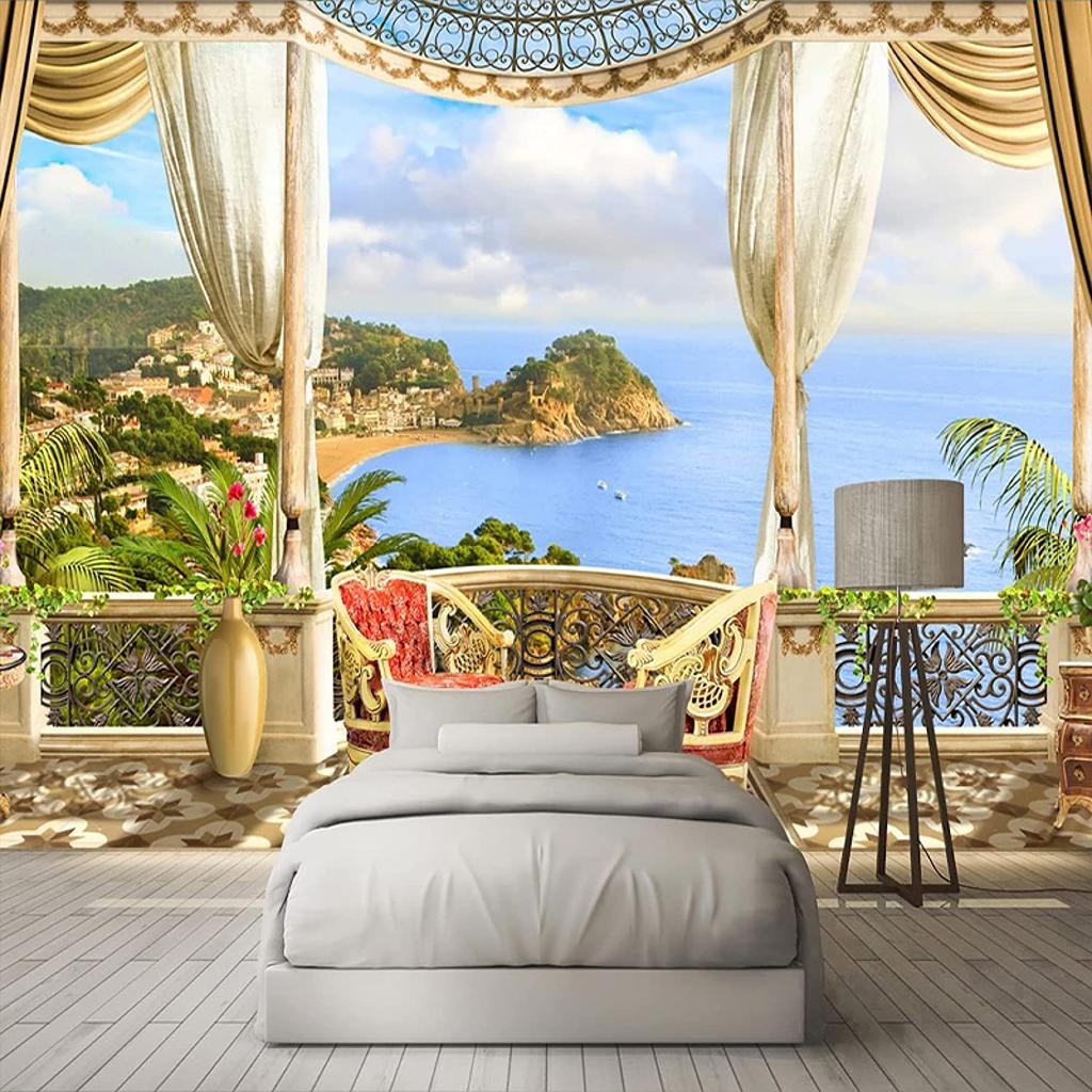 Приморский замок-город, 3D морской пейзаж, балкон, сад, фотообои, съемные 3D настенные фрески для фона комнаты и художественного оформления стен