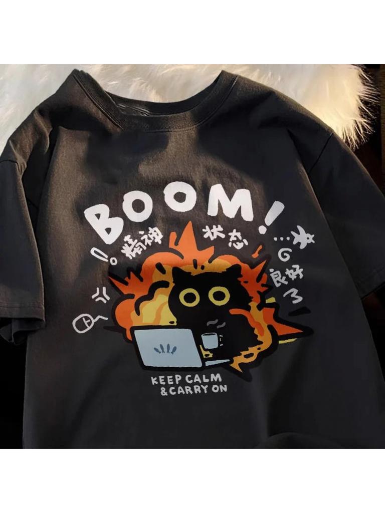 Кавайная футболка BOOM CATS с мультяшным принтом Интересная футболка с взрывающимся котом Повседневный уличный стиль Мужская Женская футболка Y2K
