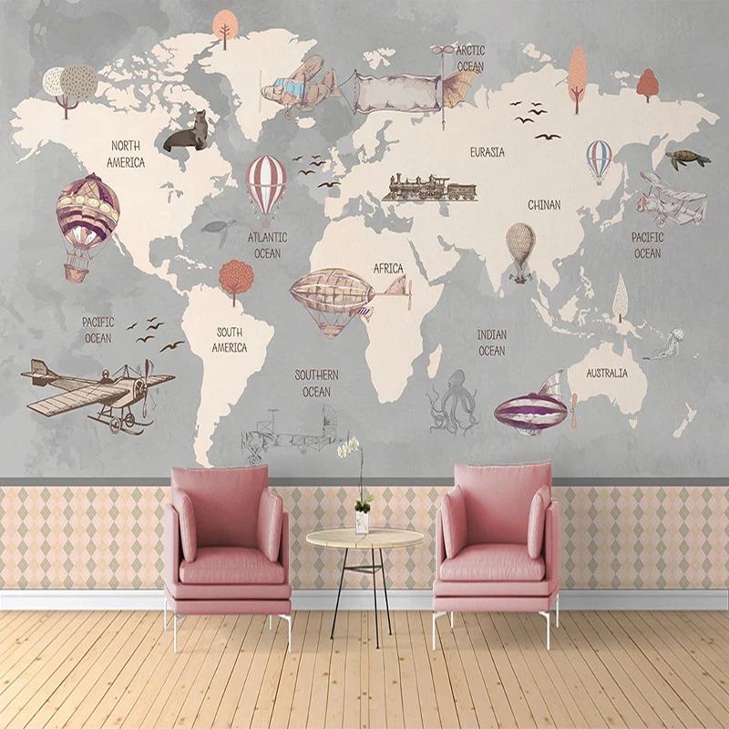 Retro World Map Large Mural Hand Painted Airplane Hot Air Balloon Children Room Boys Room Bedroom Photo Wallpaper Decor