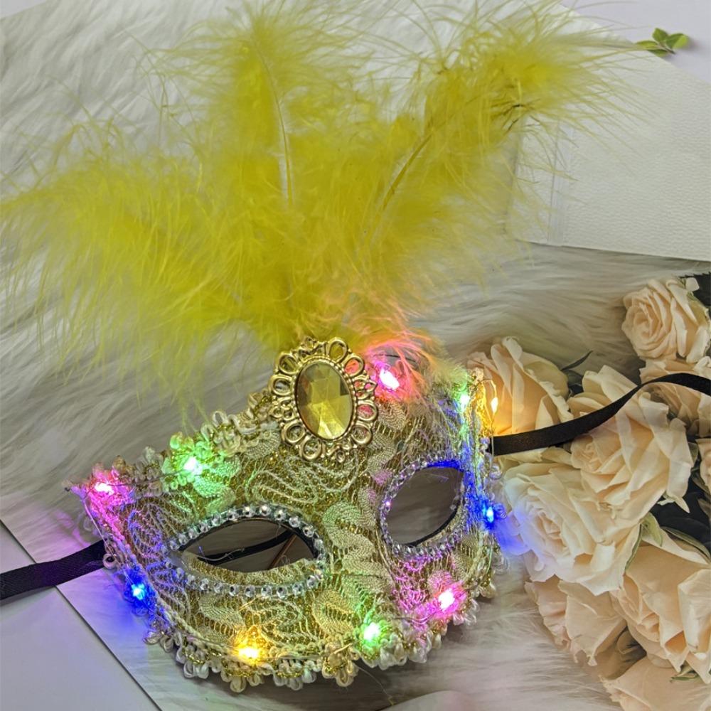 Rhinestone LED Glowing Mask Plastic Venice Masquerade Mask Creative Feather Mask  Halloween